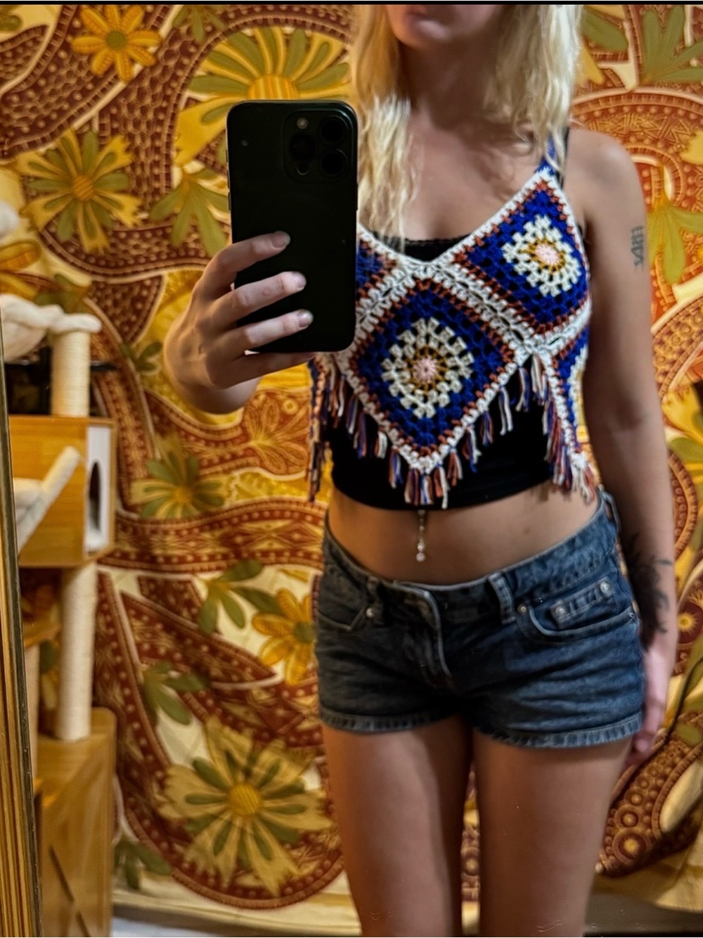Rebellion, size medium, |white, blue, and pink|, crocheted, cropped, tank top